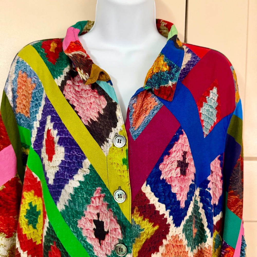 John Mark Bold Mod Market Multicolor Tunic Blouse Size XL Artsy Festive Boho - Picture 2 of 16
